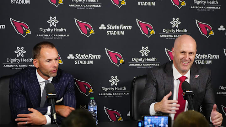 Cardinals general manager Monti Ossenfort speaks about Walter Nolen with head coach Jonathan Gannon during a news conference inside the Arizona Cardinals training facility on April 24, 2025, in Tempe.
