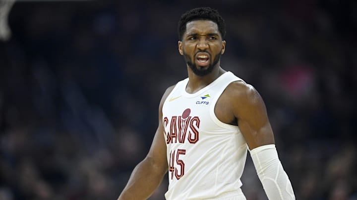 Nov 13, 2025; Cleveland, Ohio, USA; Cleveland Cavaliers guard Donovan Mitchell (45) reacts in the first quarter against the Toronto Raptors at Rocket Arena. Mandatory Credit: David Richard-Imagn Images Nov 13, 2025; Cleveland, Ohio, USA; Cleveland Cavaliers guard Donovan Mitchell (45) reacts in the first quarter against the Toronto Raptors at Rocket Arena. Mandatory Credit: David Richard-Imagn Images