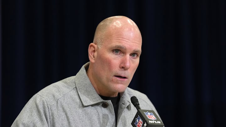 Feb 24, 2026; Indianapolis, IN, USA; Baltimore Ravens general manager Eric DeCosta speaks at the NFL Scouting Combine at the Indiana Convention Center. Mandatory Credit: Kirby Lee-Imagn Images