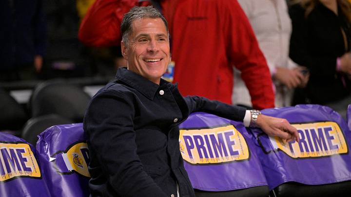 Nov 21, 2024; Los Angeles, California, USA;  Los Angeles Lakers general manager Rob Pelinka looks on as players warm up prior to the game against the Orlando Magic at Crypto.com Arena. Mandatory Credit: Jayne Kamin-Oncea-Imagn Images
