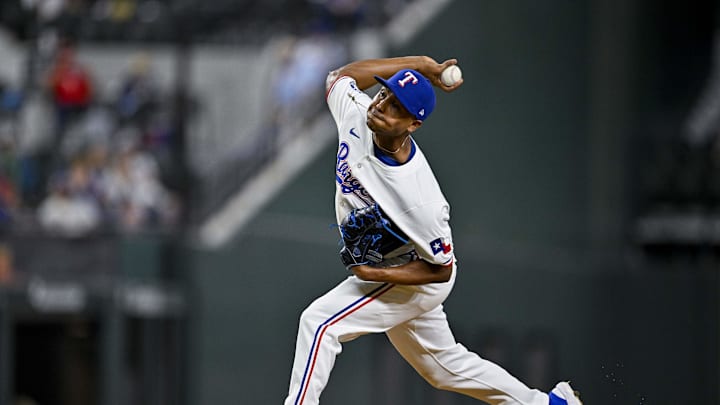 Texas Rangers relief pitcher Jose Leclerc (25) pitches against the Los Angeles Angels during the game at Globe Life Field in 2024.
