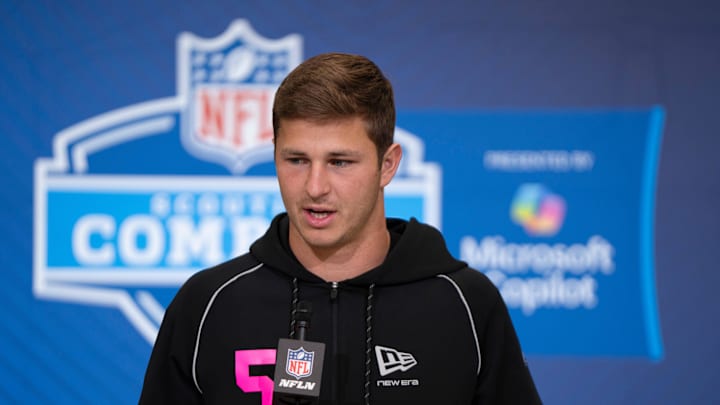Texas defensive back Michael Taaffe (DB51) speaks to members of the media.
