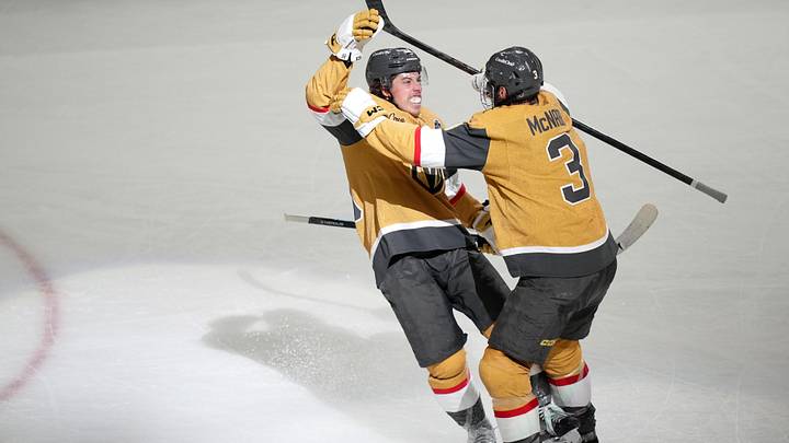 Jun 6, 2026; Las Vegas, Nevada, USA; Vegas Golden Knights right wing Mitch Marner (93) celebrates with defenseman Brayden McNabb (3) after scoring his second goal against the Carolina Hurricanes during the second period in game three of the 2026 Stanley Cup Final at T-Mobile Arena. Mandatory Credit: Lucas Peltier-Imagn Images