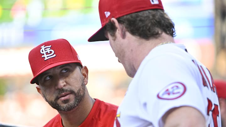 Apr 13, 2023; St. Louis, Missouri, USA;  St. Louis Cardinals manager Oliver Marmol (37) talks with