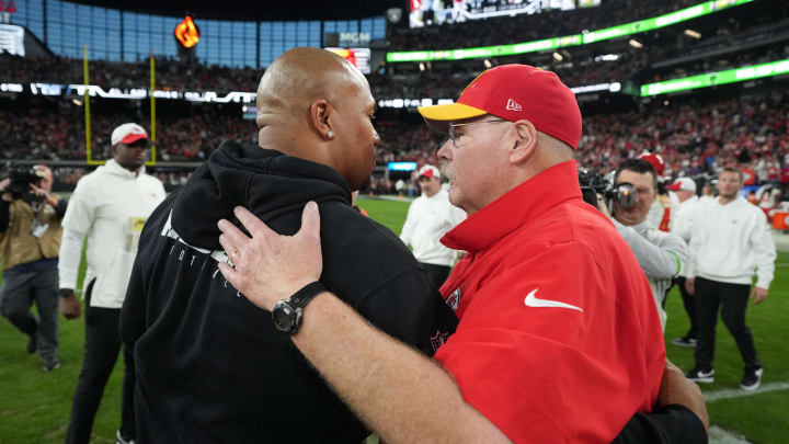 Nov 26, 2023; Paradise, Nevada, USA; Las Vegas Raiders interim coach Antonio Pierce (left) shakes hands with Kansas City Chiefs coach Andy Reid after the game at Allegiant Stadium. Mandatory Credit: Kirby Lee-USA TODAY Sports