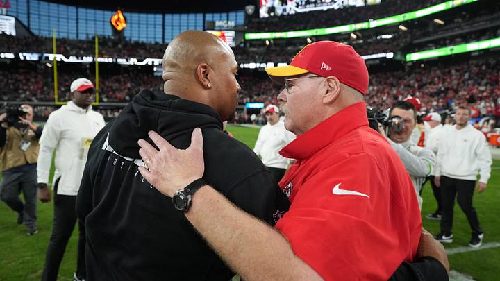 Nov 26, 2023; Paradise, Nevada, USA; Las Vegas Raiders interim coach Antonio Pierce (left) shakes hands with Kansas City Chiefs coach Andy Reid after the game at Allegiant Stadium. Mandatory Credit: Kirby Lee-USA TODAY Sports Nov 26, 2023; Paradise, Nevada, USA; Las Vegas Raiders interim coach Antonio Pierce (left) shakes hands with Kansas City Chiefs coach Andy Reid after the game at Allegiant Stadium. Mandatory Credit: Kirby Lee-USA TODAY Sports