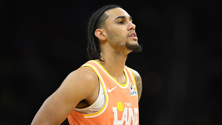 Jan 26, 2026; Cleveland, Ohio, USA; Cleveland Cavaliers guard Jaylon Tyson (20) stands on the court in the third quarter against the Orlando Magic at Rocket Arena. Mandatory Credit: David Richard-Imagn Images