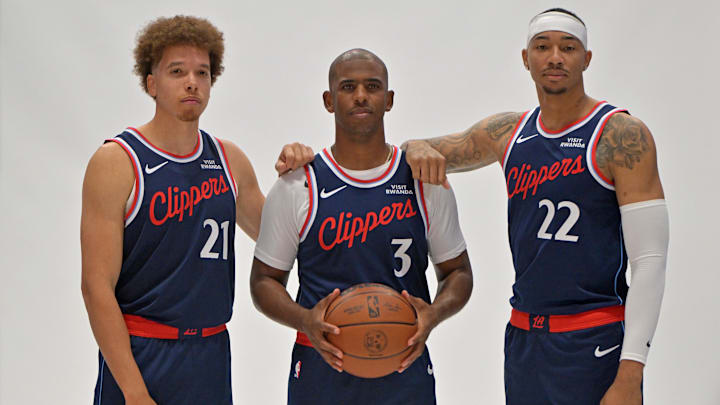 Sep 29, 2025; Inglewood, CA, USA; Los Angeles Clippers guard Jason Preston (21), guard Chris Paul (3) and forward Jordan Miller (22) pose during media day at Intuit Dome. Mandatory Credit: Jayne Kamin-Oncea-Imagn Images Sep 29, 2025; Inglewood, CA, USA; Los Angeles Clippers guard Jason Preston (21), guard Chris Paul (3) and forward Jordan Miller (22) pose during media day at Intuit Dome. Mandatory Credit: Jayne Kamin-Oncea-Imagn Images