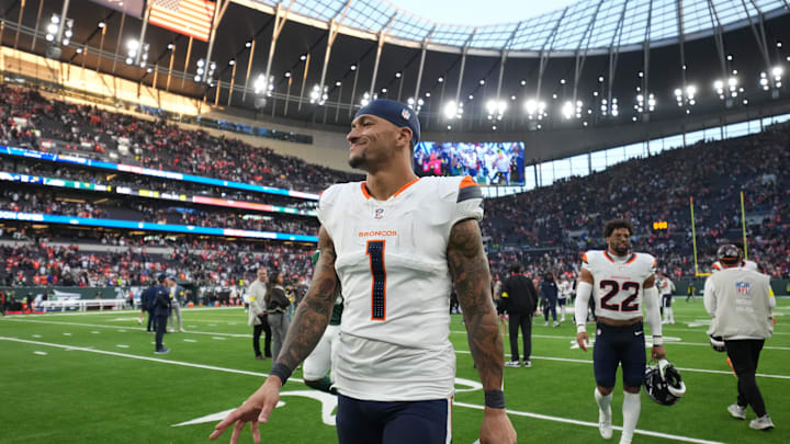 Oct 12, 2025; Tottenham, United Kingdom; Denver Broncos tight end Evan Engram (1) leaves the field after an NFL International Series game against the New York Jets at Tottenham Hotspur Stadium.