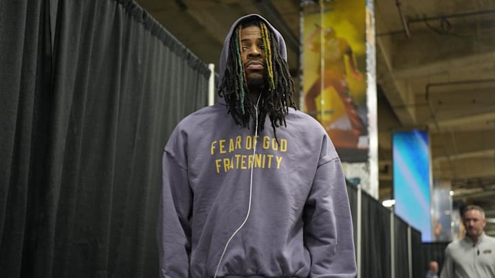 Jan 15, 2025; San Antonio, Texas, USA; Memphis Grizzlies guard Ja Morant (12) enters Frost Bank Center before a game the San Antonio Spurs. Mandatory Credit: Scott Wachter-Imagn Images