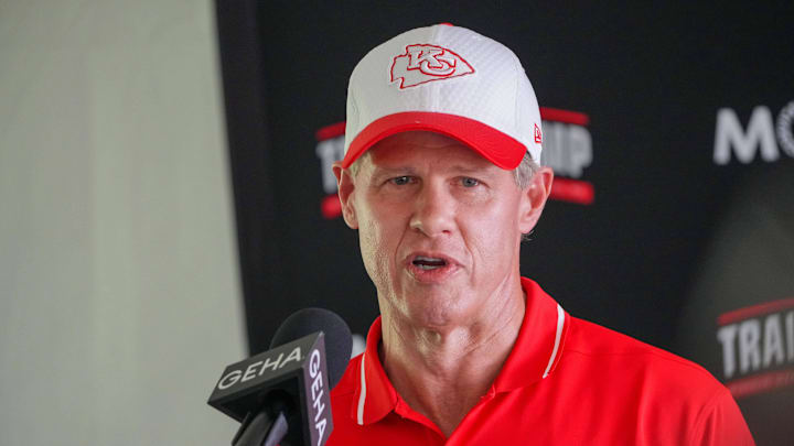 Jul 22, 2024; St. Joseph, MO, USA; Kansas City Chiefs owner Clark Hunt talks with media after training camp at Missouri Western State University. Mandatory Credit: Denny Medley-Imagn Images