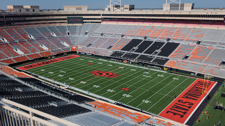 Oct 5, 2024; Stillwater, Oklahoma, USA; An overall view of Boone Pickens Stadium before a game between the Oklahoma State Cowboys and the West Virginia Mountaineers. Mandatory Credit: William Purnell-Imagn Images