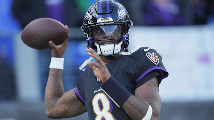 Dec 1, 2024; Baltimore, Maryland, USA; Baltimore Ravens quarterback Lamar Jackson (8) warms up prior the game  against the Philadelphia Eagles at M&T Bank Stadium. Mandatory Credit: Mitch Stringer-Imagn Images