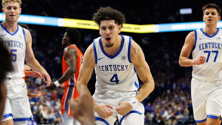 Kentucky Wildcats guard Koby Brea (4) celebrates. Mandatory Credit: Jordan Prather-Imagn Images