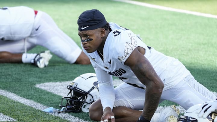 Sep 14, 2024; Fort Collins, Colorado, USA; Colorado Buffaloes wide receiver Jimmy Horn Jr. (5) during pregame warmups at Sonny Lubick Field at Canvas Stadium. Mandatory Credit: Michael Madrid-Imagn Images Sep 14, 2024; Fort Collins, Colorado, USA; Colorado Buffaloes wide receiver Jimmy Horn Jr. (5) during pregame warmups at Sonny Lubick Field at Canvas Stadium. Mandatory Credit: Michael Madrid-Imagn Images