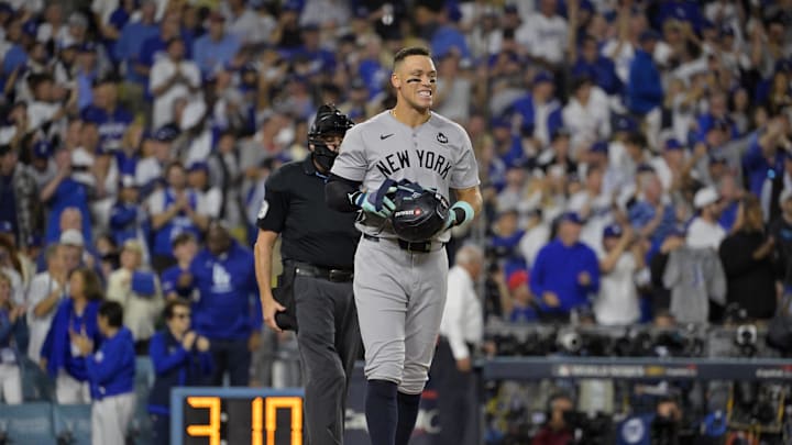 Oct 26, 2024; Los Angeles, California, USA; New York Yankees outfielder Aaron Judge (99) reacts after striking out in the sixth inning against the Los Angeles Dodgers during game two of the 2024 MLB World Series at Dodger Stadium.