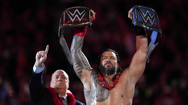 Apr 2, 2023; Inglewood, CA, USA; Paul Heyman and Roman Reigns during Wrestlemania Night 2 at SoFi