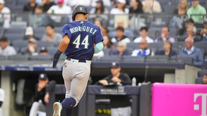 Seattle Mariners center fielder Julio Rodriguez (44) scores a run on Seattle Mariners right fielder Teoscar Hernandez (not pictured) RBI single during the first inning at Yankee Stadium in 2022. Seattle Mariners center fielder Julio Rodriguez (44) scores a run on Seattle Mariners right fielder Teoscar Hernandez (not pictured) RBI single during the first inning at Yankee Stadium in 2022.