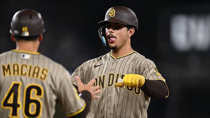 Sep 24, 2026; Los Angeles, California, USA; San Diego Padres catcher Ethan Salas (8) gestures after hitting a single during the sixth inning against the Los Angeles Dodgers at Dodger Stadium. Mandatory Credit: William Liang-Imagn Images Sep 24, 2026; Los Angeles, California, USA; San Diego Padres catcher Ethan Salas (8) gestures after hitting a single during the sixth inning against the Los Angeles Dodgers at Dodger Stadium. Mandatory Credit: William Liang-Imagn Images