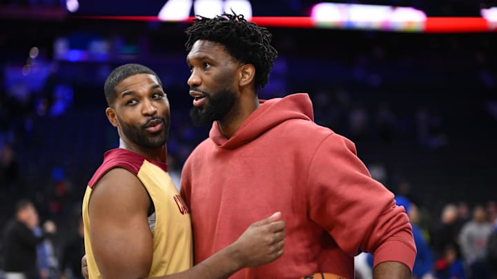 Nov 13, 2024; Philadelphia, Pennsylvania, USA; Philadelphia 76ers center Joel Embiid (21) reacts with Cleveland Cavaliers center Tristan Thompson (13) after the game at Wells Fargo Center. Mandatory Credit: Kyle Ross-Imagn Images