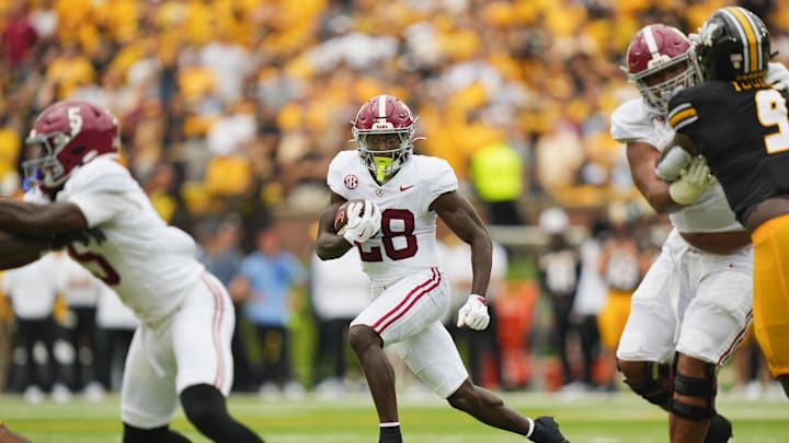 Oct 11, 2025; Columbia, Missouri, USA; Alabama Crimson Tide running back Kevin Riley (28) runs the ball against the Missouri Tigers during the first half of the game at Faurot Field at Memorial Stadium. Mandatory Credit: Jay Biggerstaff-Imagn Images Oct 11, 2025; Columbia, Missouri, USA; Alabama Crimson Tide running back Kevin Riley (28) runs the ball against the Missouri Tigers during the first half of the game at Faurot Field at Memorial Stadium. Mandatory Credit: Jay Biggerstaff-Imagn Images