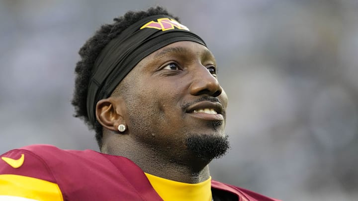 Sep 11, 2025; Green Bay, Wisconsin, USA;  Washington Commanders wide receiver Deebo Samuel Sr. (1) during warmups prior to the game against the Green Bay Packers at Lambeau Field. 