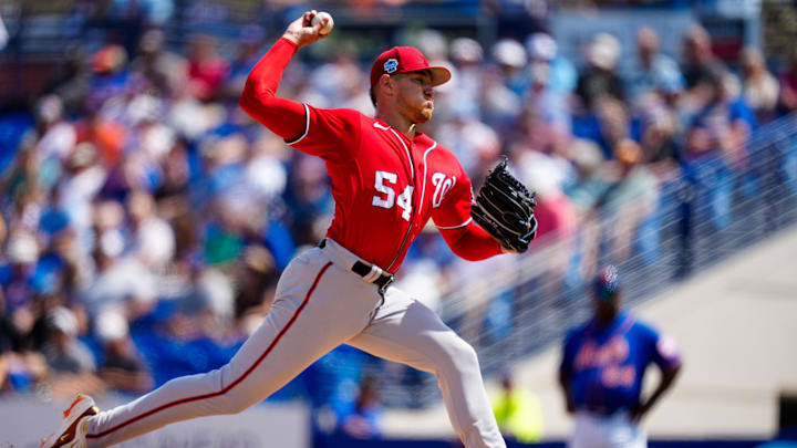Mar 14, 2023; Port St. Lucie, Florida, USA; Washington Nationals starting pitcher Cade Cavalli (54) throws a pitch against the New York Mets during the first inning at Clover Park. Mar 14, 2023; Port St. Lucie, Florida, USA; Washington Nationals starting pitcher Cade Cavalli (54) throws a pitch against the New York Mets during the first inning at Clover Park.