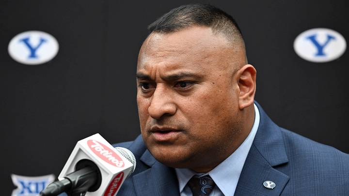 Jul 10, 2024; Las Vegas, NV, USA; BYU Cougars head coach Kalani Sitake speaks to the media during the Big 12 Media Days at Allegiant Stadium. Mandatory Credit: Candice Ward-USA TODAY Sports Jul 10, 2024; Las Vegas, NV, USA; BYU Cougars head coach Kalani Sitake speaks to the media during the Big 12 Media Days at Allegiant Stadium. Mandatory Credit: Candice Ward-USA TODAY Sports