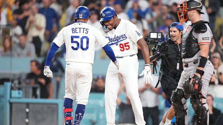 Sep 18, 2026; Los Angeles, California, USA; Los Angeles Dodgers shortstop Mookie Betts (50) celebrates with Los Angeles Dodgers designated hitter Josue de Paula (95) after hitting a two run home run during the eighth inning against the San Francisco Giants at Dodger Stadium. Mandatory Credit: Kirby Lee-Imagn Images Sep 18, 2026; Los Angeles, California, USA; Los Angeles Dodgers shortstop Mookie Betts (50) celebrates with Los Angeles Dodgers designated hitter Josue de Paula (95) after hitting a two run home run during the eighth inning against the San Francisco Giants at Dodger Stadium. Mandatory Credit: Kirby Lee-Imagn Images