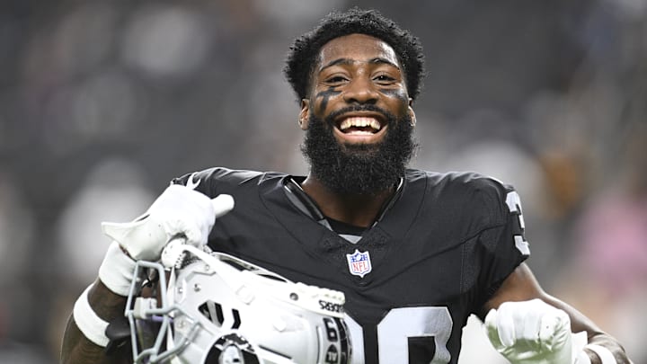 Aug 17, 2024; Paradise, Nevada, USA;  Las Vegas Raiders cornerback Nate Hobbs (39) dances during warmup against the Dallas Cowboys at Allegiant Stadium. Mandatory Credit: Candice Ward-Imagn Images