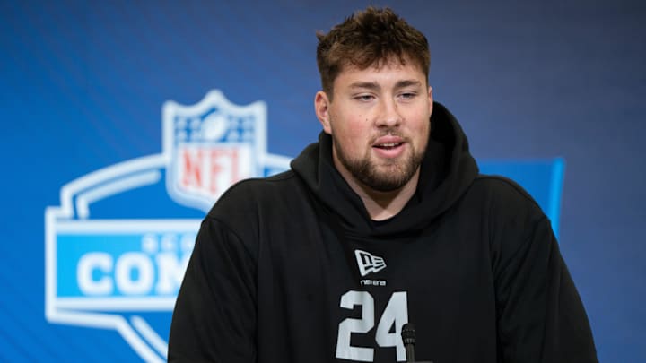 Feb 28, 2026; Indianapolis, IN, USA; Georgia offensive lineman Monroe Freeling (OL24) speaks to members of the media during the NFL Combine at the Indiana Convention Center. Mandatory Credit: Jacob Musselman-Imagn Images