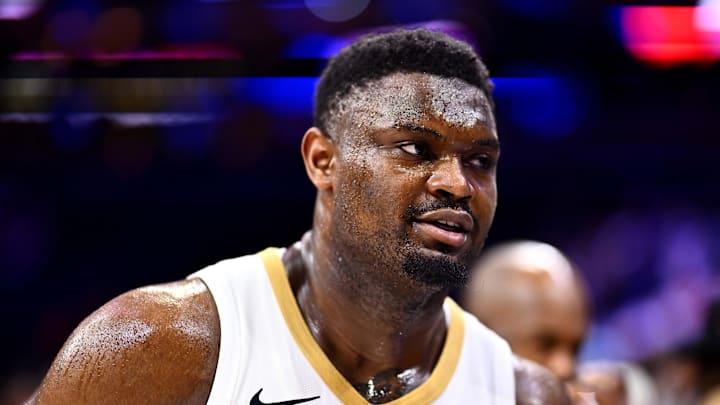 New Orleans Pelicans forward Zion Williamson (1) looks on after the game against the Philadelphia 76ers at Wells Fargo Center. 
