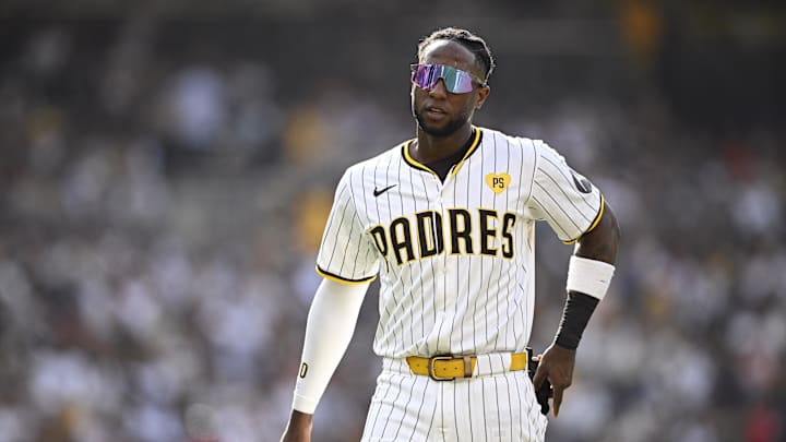 Jul 10, 2024; San Diego, California, USA; San Diego Padres left fielder Jurickson Profar (10) looks on during the sixth inning against the Seattle Mariners at Petco Park. Mandatory Credit: Orlando Ramirez-USA TODAY Sports