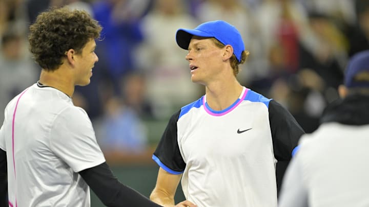 Mar 12, 2024; Indian Wells, CA, USA; Ben Shelton (USA) and Jannik Sinner (ITA) shake hands following their fourth round match in the BNP Paribas Open at the Indian Wells Tennis Garden. Mandatory Credit: Jayne Kamin-Oncea-Imagn Images