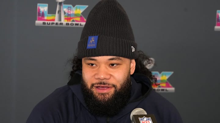 Feb 3, 2026; Santa Clara, CA, USA; New England Patriots defensive tackle Khyiris Tonga speaks to the media during Super Bowl LX press conference at Santa Clara Marriott. Mandatory Credit: Kirby Lee-Imagn Images