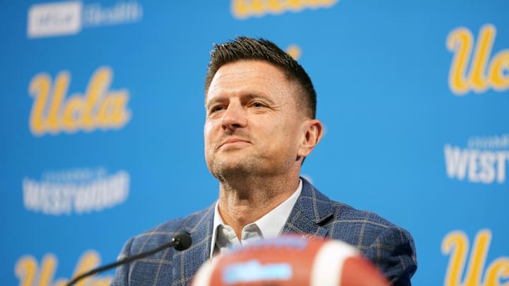 Dec 9, 2025; Los Angeles, CA, USA; Bob Chesney is introduced as UCLA Bruins football coach at press conference at Renee Luskin Conference Center Centennial Ballroom. Mandatory Credit: Kirby Lee-Imagn Images Dec 9, 2025; Los Angeles, CA, USA; Bob Chesney is introduced as UCLA Bruins football coach at press conference at Renee Luskin Conference Center Centennial Ballroom. Mandatory Credit: Kirby Lee-Imagn Images