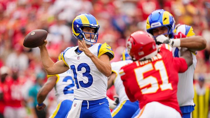 Aug 15, 2026; Kansas City, Missouri, USA; Los Angeles Rams quarterback Stetson Bennett IV (13) throws a pass during the first half against the Kansas City Chiefs at at Arrowhead Stadium. Mandatory Credit: Jay Biggerstaff-Imagn Images Aug 15, 2026; Kansas City, Missouri, USA; Los Angeles Rams quarterback Stetson Bennett IV (13) throws a pass during the first half against the Kansas City Chiefs at at Arrowhead Stadium. Mandatory Credit: Jay Biggerstaff-Imagn Images