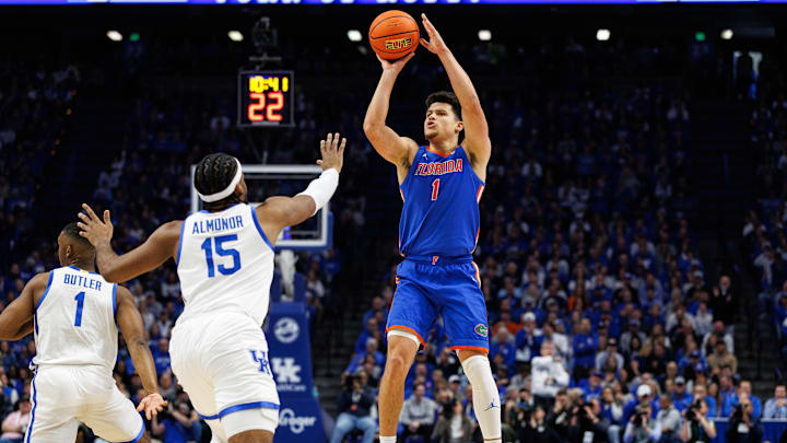 Jan 4, 2025; Lexington, Kentucky, USA; Florida Gators guard Walter Clayton Jr. (1) shoots the ball during the first half against the Kentucky Wildcats at Rupp Arena at Central Bank Center. Mandatory Credit: Jordan Prather-Imagn Images