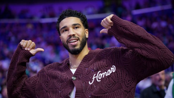 Oct 27, 2025; New Orleans, Louisiana, USA; Boston Celtics forward Jayson Tatum reacts during introductions during a game against the New Orleans Pelicans at Smoothie King Center. Mandatory Credit: Matthew Hinton-Imagn Images