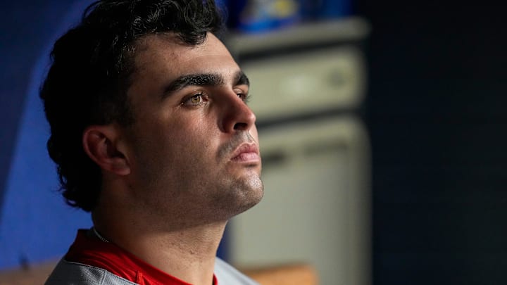 Cincinnati Reds third baseman Sal Stewart (43) sits in the dugout