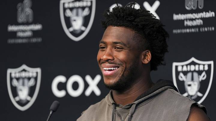Jun 3, 2026; Henderson, NV, USA; Las Vegas Raiders defensive end Malcolm Koonce (51) speaks during a news conference during organized team activities at Intermountain Health Performance Center. Mandatory Credit: Candice Ward-Imagn Images