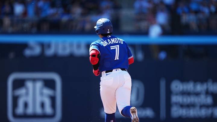 Jun 13, 2026; Toronto, Ontario, CAN; Toronto Blue Jays third baseman Kazuma Okamoto (7) runs the bases after hitting a home run against the New York Yankees during the third inning at Rogers Centre. Mandatory Credit: Nick Turchiaro-Imagn Images
