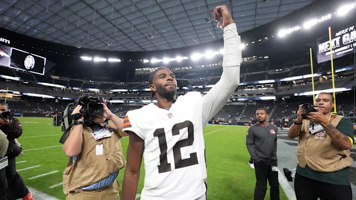 Nov 23, 2025; Paradise, Nevada, USA; Cleveland Browns quarterback Shedeur Sanders (12) reacts at the end of the game against the Las Vegas Raiders at Allegiant Stadium. Mandatory Credit: Kirby Lee-Imagn Images