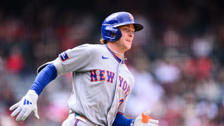 May 3, 2026; Anaheim, California, USA; New York Mets right fielder Carson Benge (3) runs during the eighth inning against the Los Angeles Angels at Angel Stadium. Mandatory Credit: William Liang-Imagn Images