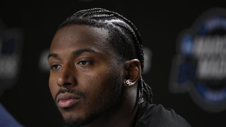Mar 25, 2026; San Jose, CA, USA; Arizona Wildcats guard Jaden Bradley (0) addresses the media in a press conference during a practice session ahead of the west regional of the men's 2026 NCAA Tournament at SAP Center. Mandatory Credit: Eakin Howard-Imagn Images