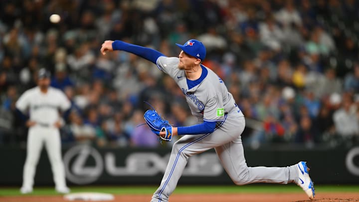 May 10, 2025; Seattle, Washington, USA; Toronto Blue Jays relief pitcher Jeff Hoffman (23) pitches to the Seattle Mariners during the ninth inning at T-Mobile Park. 