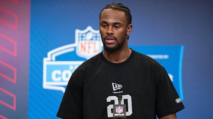 Feb 27, 2026; Indianapolis, IN, USA; Notre Dame wideout Malachi Fields (WO20) speaks to members of the media during the NFL Combine at the Indiana Convention Center.