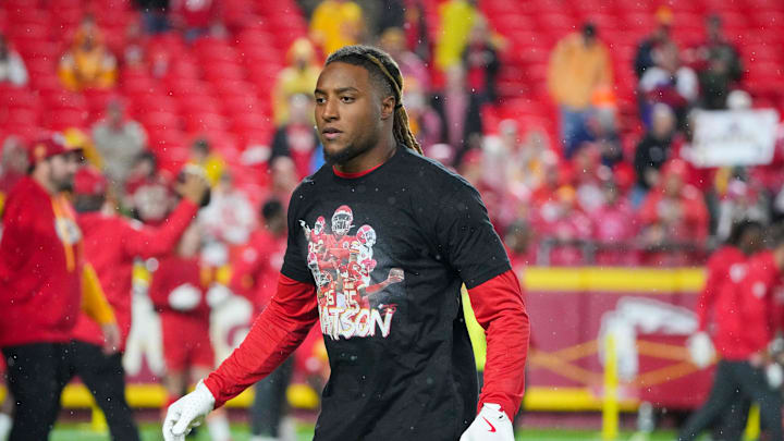 Nov 4, 2024; Kansas City, Missouri, USA; Kansas City Chiefs safety Justin Reid (20) warms up against the Tampa Bay Buccaneers prior to a game at GEHA Field at Arrowhead Stadium. Mandatory Credit: Denny Medley-Imagn Images