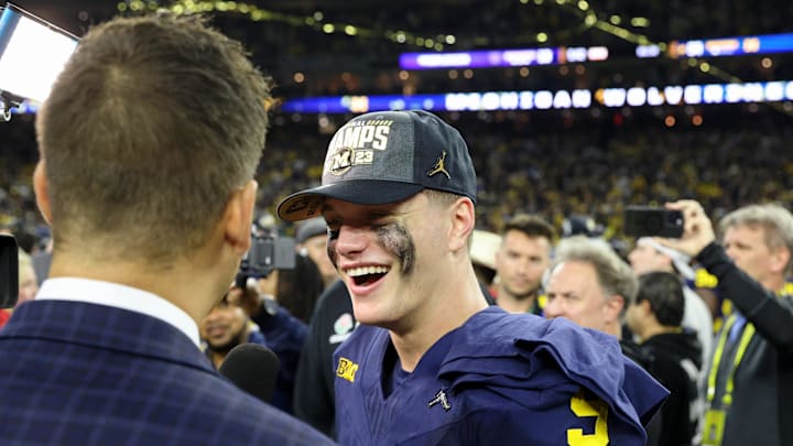 Jan 8, 2024; Houston, TX, USA; Michigan Wolverines quarterback J.J. McCarthy (9) is interviewed