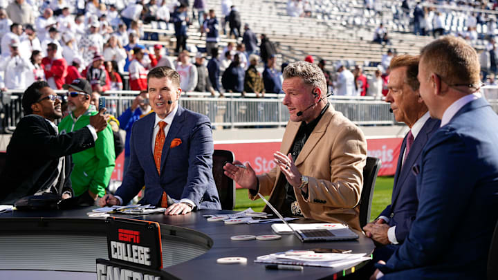 The ESPN College Gameday crew, from left, Desmond Howard, Rece Davis, Pat McAfee, Nick Saban and Kirk Herbstreit, prepares to broadcast from the field prior to the NCAA football game between the Penn State Nittany Lions and the Ohio State Buckeyes at Beaver Stadium in University Park, Pa. on Saturday, Nov. 2, 2024.